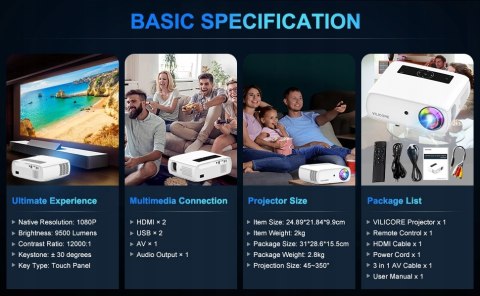 Projektor Vilicore JQ818A Full HD VILICORE 1080P 9500L USB HDMI 12000:1