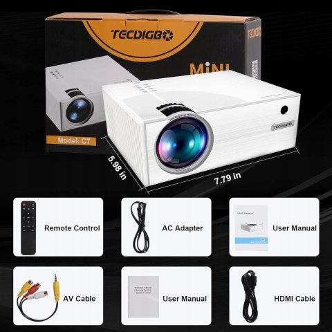 TECDIGBO C7 Mini projektor Wi-Fi 6500 lumenów 1080P i 200" ZOOM CYFROWY