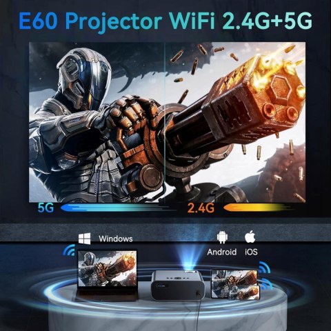 SUREWHEEL Projektor 12000 lumenów 5G WiFi Bluetooth, E60 Full HD 1080P