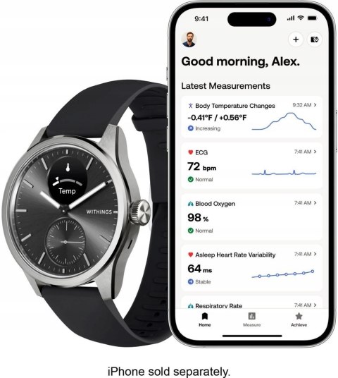 Withings Scanwatch 2, zegarek EKG, pomiarem pulsu, temperatury, 42mm, black