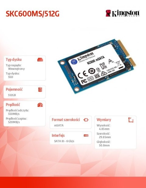 Dysk SSD Kingston SKC600MS/512G 512GB mSATA