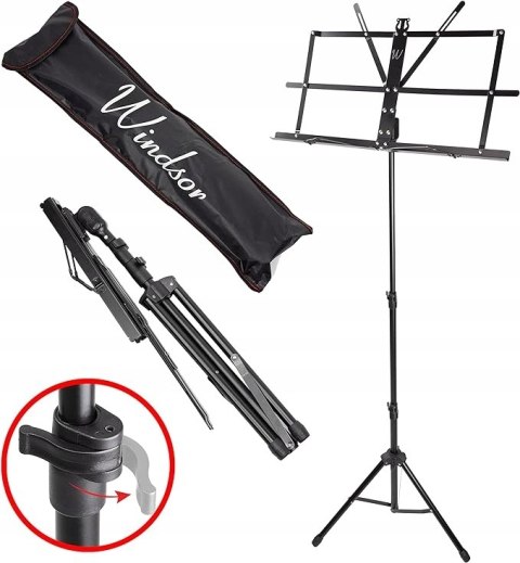 Windsor Regulowany składany stojak na nuty z futerałem, czarny, lekki