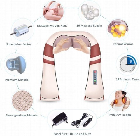 URZĄDZENIE DO MASAŻU SZYJI MASAŻER SHIATSU Z 16 KULKAMI PLECÓW KARKU