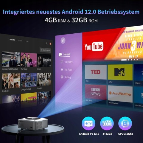 Sainellor projektor 4K z systemem Android 12.0 OS 4 GB RAM 32 GB ROM