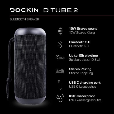 Głośnik przenośny Dockin D Tube 2 Bluetooth AUX IPX6 Music Box czarny Głośnik przenośny Dockin D Tube 2 Bluetooth AUX IPX6 Music Box czarny