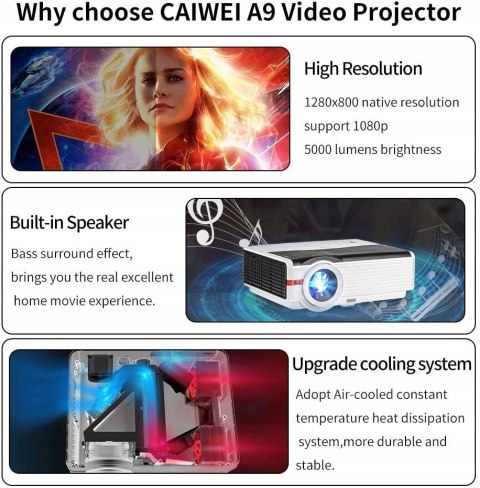 Projektor LED Caiwei A9 biały ANDROID WIFI