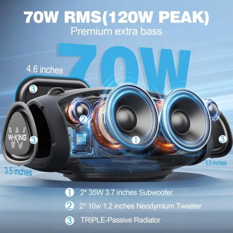 Duży Głośnik Bluetooth 70W Przenośny Boombox Bas Powerbank W-KING X-10
