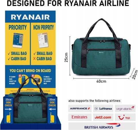 ECOHUB TORBA PODRĘCZNA Z PASKIEM KABINOWA RYANAIR 20 L 40x20x25cm ZIELONA
