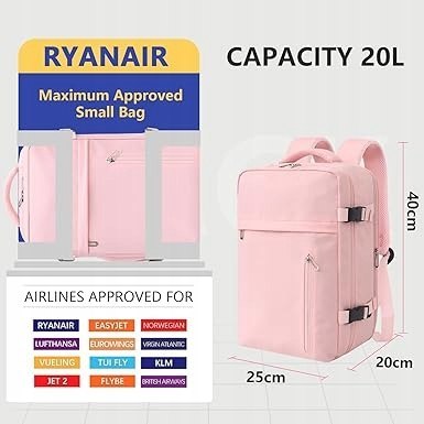 KIRFEIHT PLECAK PODRĘCZNY KABINOWY RYANAIR 20L 40x20x25cm RÓŻOWY