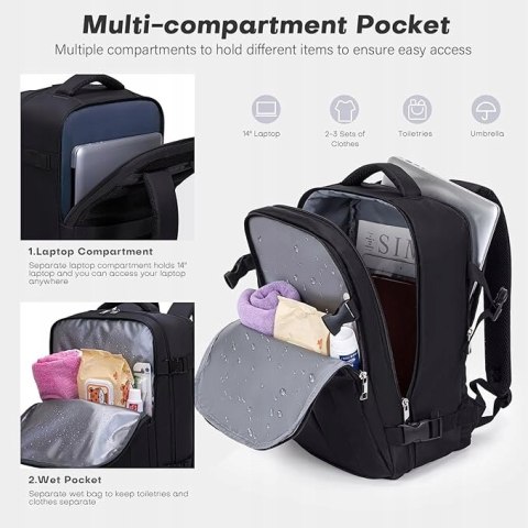 PLECAK BAGAŻ PODRĘCZNY XKDOAI 40x20x25 KABINOWY RYANAIR LAPTOP CZARNY 20L