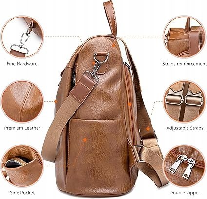 PLECAK damski klasyczny wodoodporny, torba CHARMORE, skóra PU, brązowy