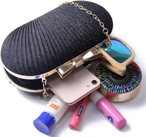 Syrads Damska kopertówka Torba wieczorowa ze złotym łańcuszkiem CZARNA