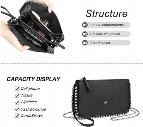 AFKOMST kopertówka z paskiem na ramię czarna srebrne zdobienia