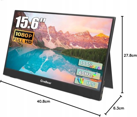 Monitor LCD GreBear 15,6" PRZENOŚNY Z PODSTAWKĄ, 1920 x 1080 px IPS / PLS
