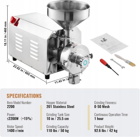 Młynek elektryczny do przypraw Vevor 2200W 2200 W stal nierdzewna