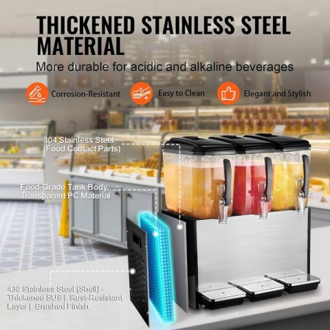 VEVOR Dozownik Napojów 370W 3x12L Do Soków Napoje Lodowe Komercyjne