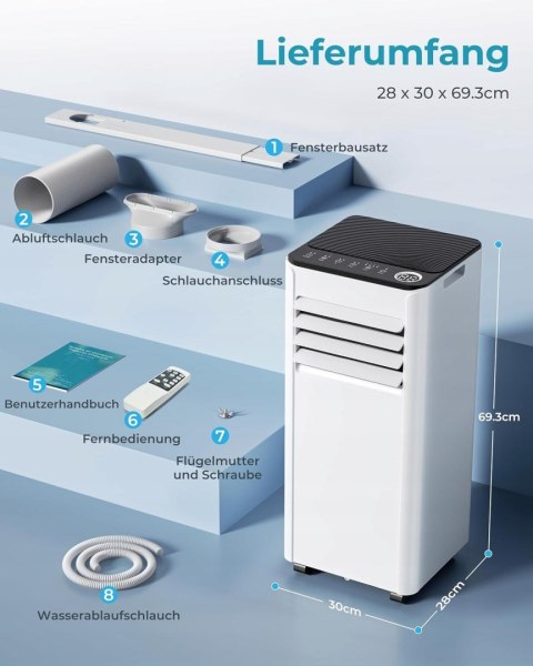 Mobilny klimatyzator EUHOMY 900 BTU z wężem wylotowym, cicha praca OPIS