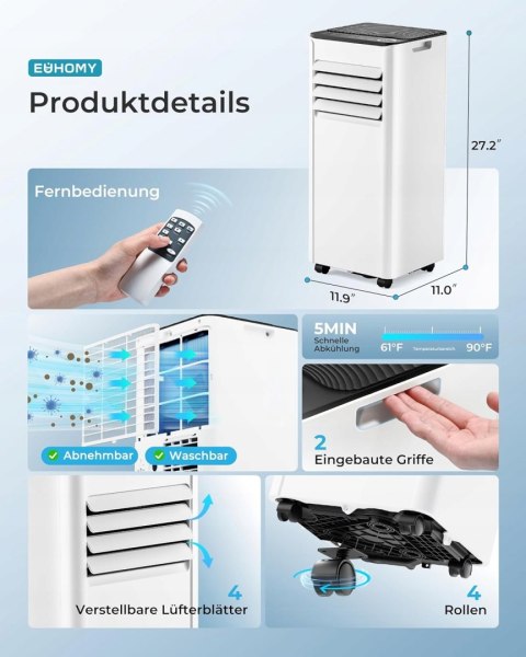 Mobilny klimatyzator EUHOMY 900 BTU z wężem wylotowym, cicha praca OPIS