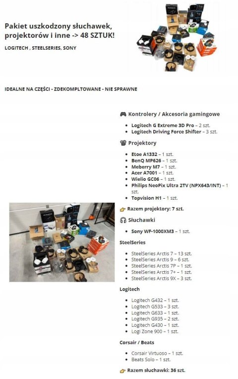 Zestaw uszkodzonych słuchawek i inne do naprawy lub na części pakiet 48SZT!