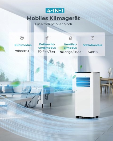 Mobilny klimatyzator EUHOMY 7000 BTU z wężem wylotowym, cicha praca