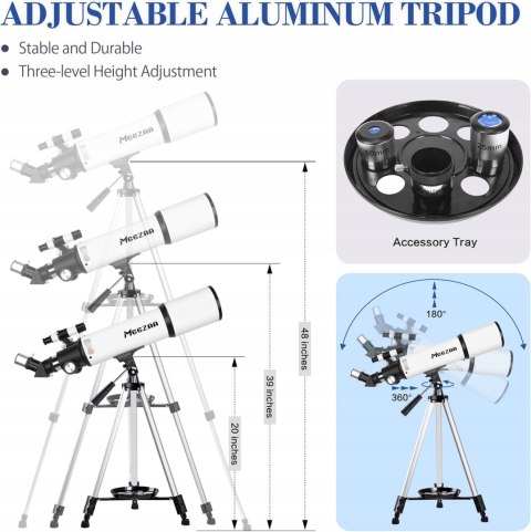 Teleskop Astronomiczny MEEZAA 80600 80mm 600mm 210x Azymutalny Barlow Biały