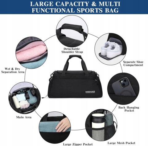 Torba sportowa duffel bag Enloffi 30L 50x23x27 cm czarna