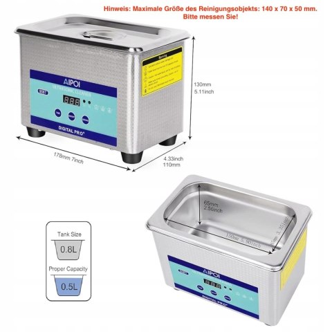 Ultradźwiękowy odkurzacz 0,8 l, profesjonalny myjka ultradźwiękowa aipoi