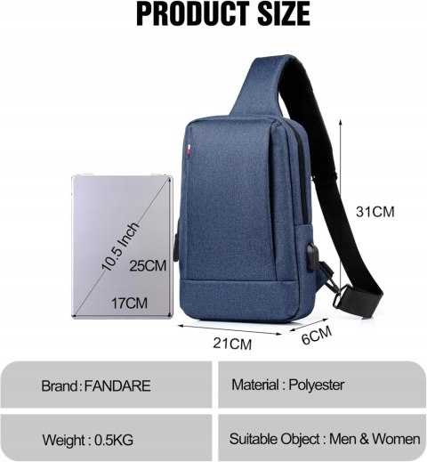 FANDARE Plecak na ramię sling bag granatowy 31 cm miejski kompaktowy USB
