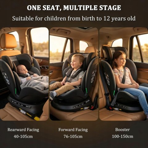 Fotelik samochodowy Reecle 360 i-size ISOFIX 0-36 kg 40-150 cm czarny