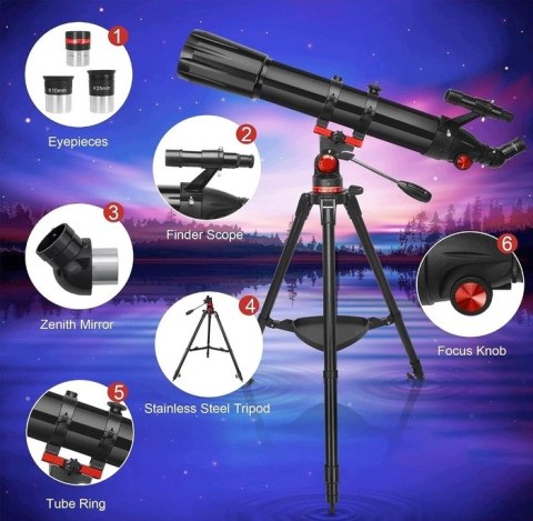 Teleskop Astronomiczny HETEKAN 90900 900mm 240x Azymutalny Barlowa