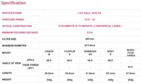 Obiektyw Samyang 12 mm f/2.0 NCS CS / Fujifilm X